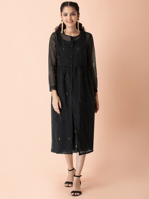 

Earthen BY INDYA Black & Gold-Toned Ethnic A-Line Midi Dress with Organza Jacket