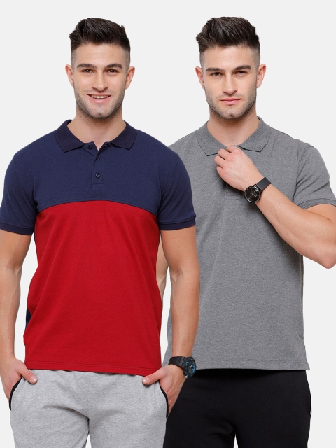 

MADSTO Men Charcoal & Red Pack Of 2 Polo Collar Slim Fit T-shirt