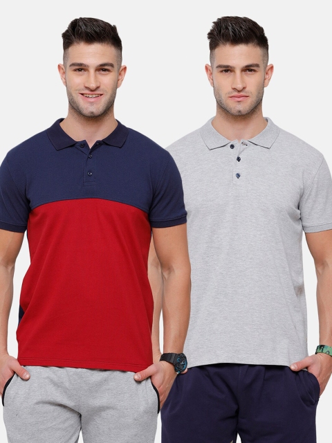 

MADSTO Men Red & Grey Pack Of 2 Polo Collar Slim Fit T-shirt