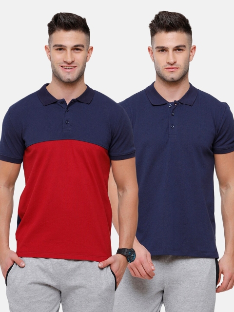 

MADSTO Men Navy Blue & Red Pack Of 2 Polo Collar Slim Fit T-shirt