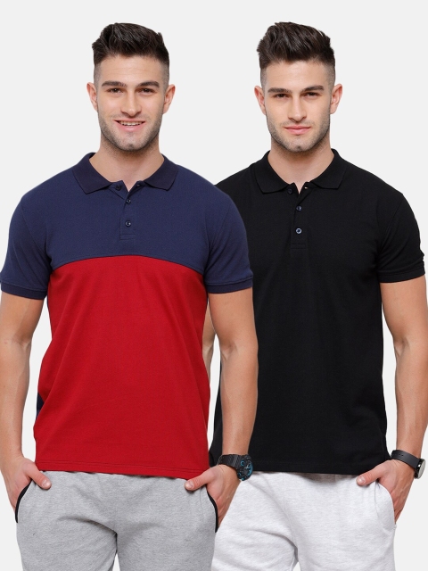 

MADSTO Men Black & Red Pack Of 2 Polo Collar Slim Fit T-shirt