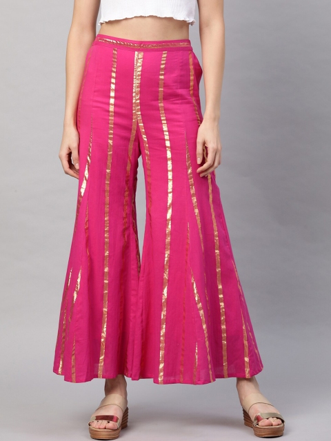 

FASHOR Women Pink & Golden Striped Flared Ethnic Palazzos