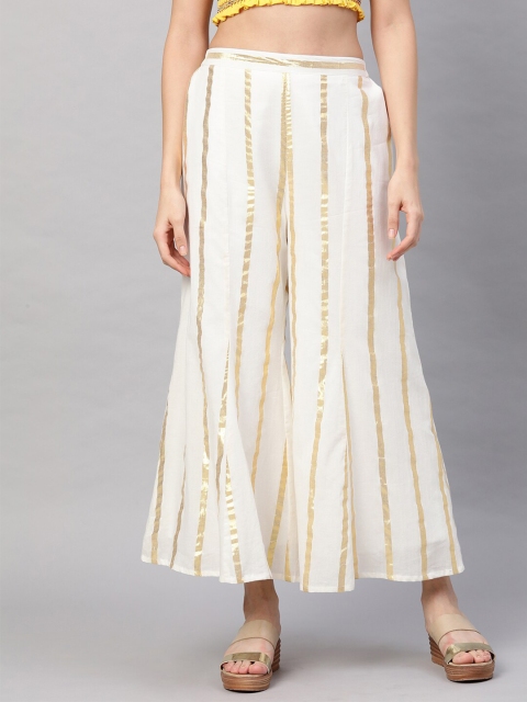 

FASHOR Women Off White & Golden Striped Flared Palazzos