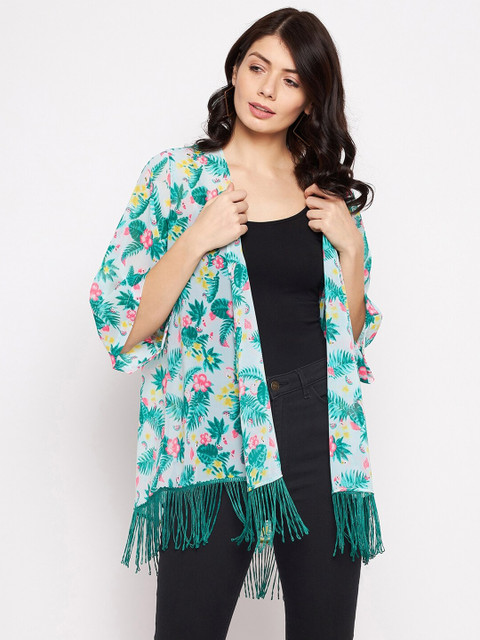 

PURYS Women Green & Pink Printed Tasselled Tropical Shrug