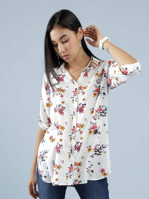 

IDK White & Pink Floral Print Roll-Up Sleeves Shirt Style Top