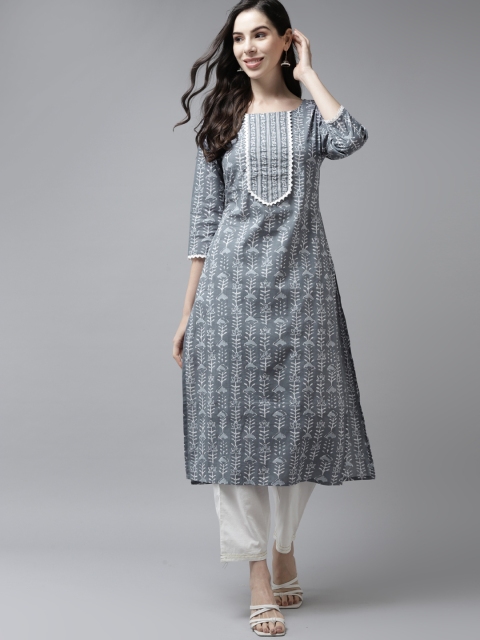 

Yufta Women Grey & White Ethnic Motifs Screen Printed Cotton Straight Kurta