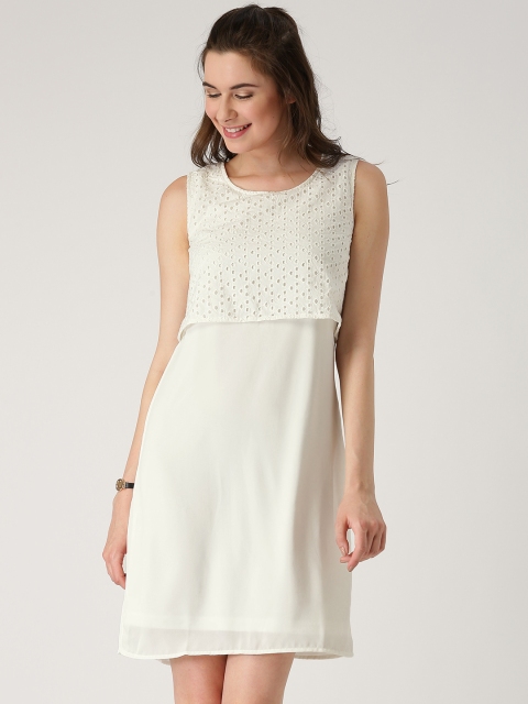 

Marie Claire Women White Schiffli Embroidered Layered A-Line Dress