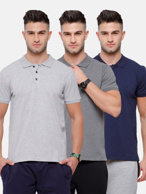 

MADSTO Men Navy Blue 3 Polo Collar Slim Fit T-shirt