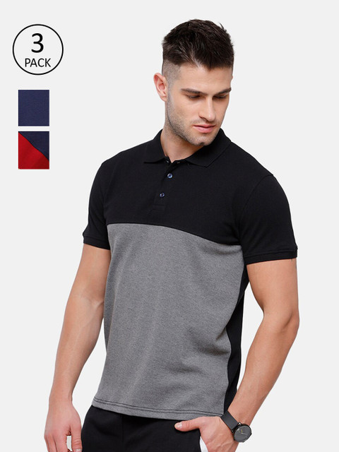 

MADSTO Men Navy Blue 3 Polo Collar Applique Slim Fit T-shirt