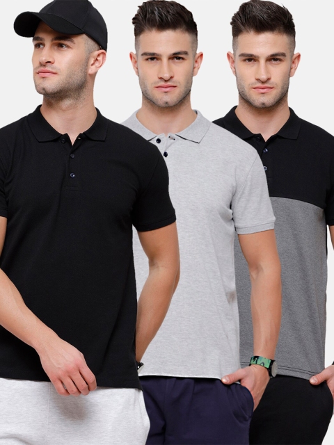 

MADSTO Men Black 3 Polo Collar Slim Fit T-shirt