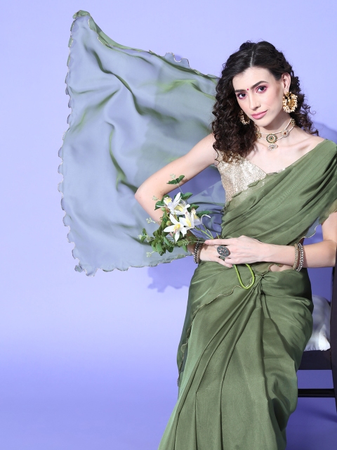 

Saree mall Olive Green Solid Organza Saree