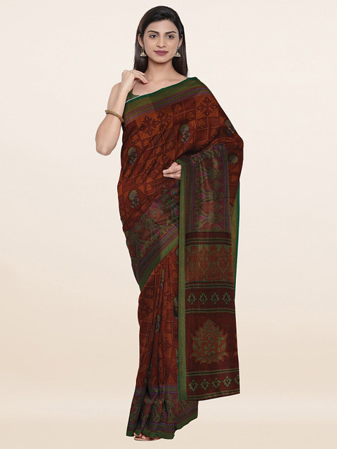 

Pothys Brown & Green Geometric Printed Saree