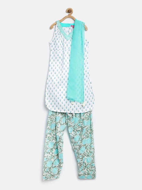 

Biba Girls White & Blue Hand Block Print Salwar Kurta with Dupatta, Na