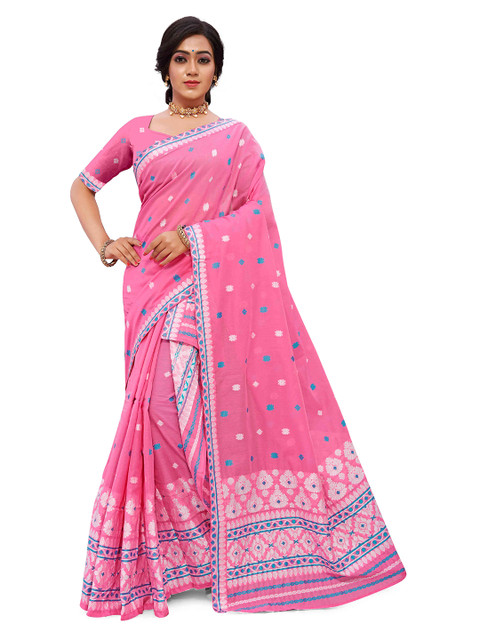 

Skirans Pink & Silver-Toned Assamese Mekhela Chador Saree