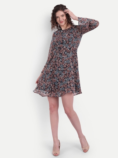 

MINGLAY Black Floral Chiffon Mini Dress
