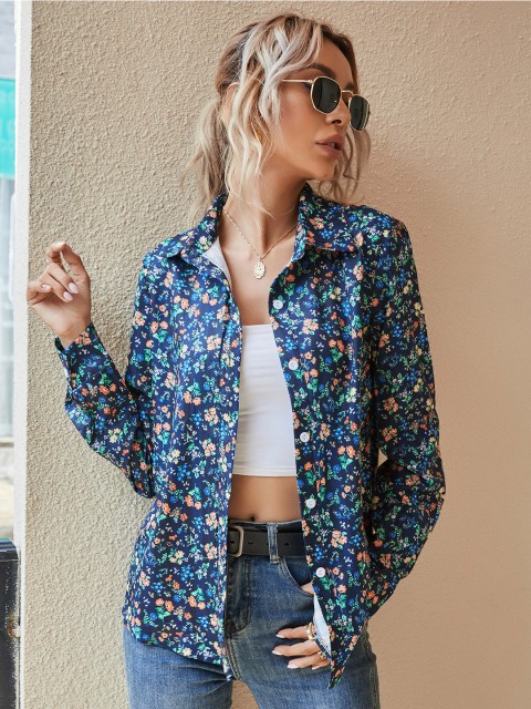 

BoStreet Blue Floral Print Shirt Style Top