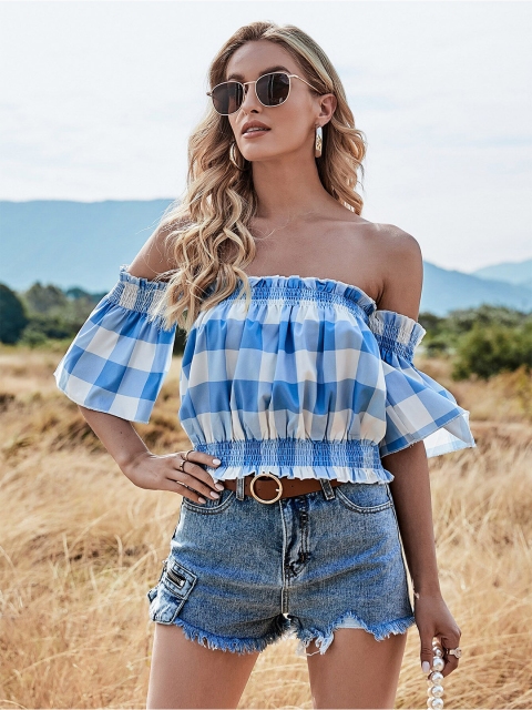 

BoStreet Blue Checked Off-Shoulder Bardot Crop Top