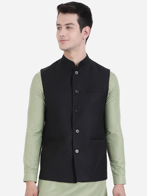

MODI JACKET Men Black Solid Terry Rayon Checkered Nehru Jacket
