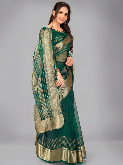 

MANOHARI Green & Gold-Toned Embellished Zari Silk Blend Saree