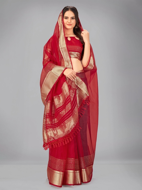 

MANOHARI Red & Gold-Toned Zari Silk Blend Saree