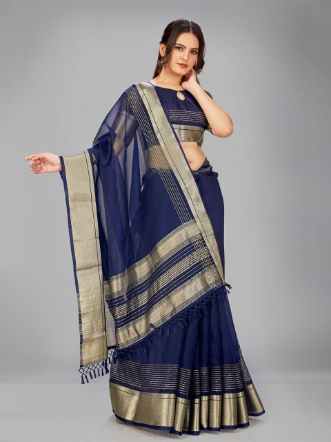 

MANOHARI Navy Blue & Gold-Toned Embellished Zari Silk Blend Saree
