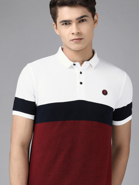 

Van Heusen Sport Men White & Maroon Colourblocked Polo Collar Pure Cotton T-shirt