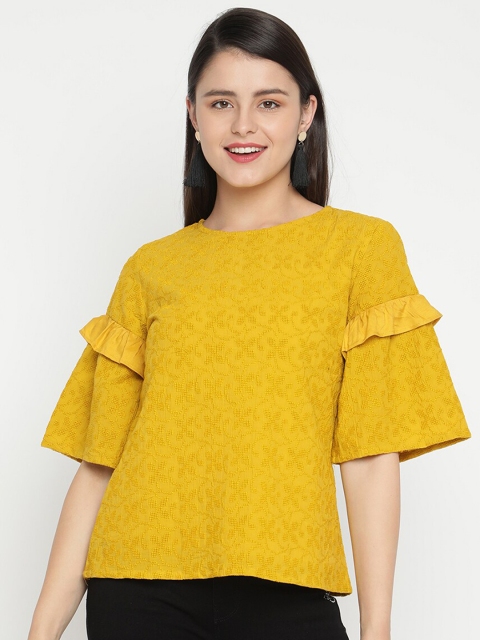 

V2 Value & Variety Mustard Yellow Floral Embroidered Top