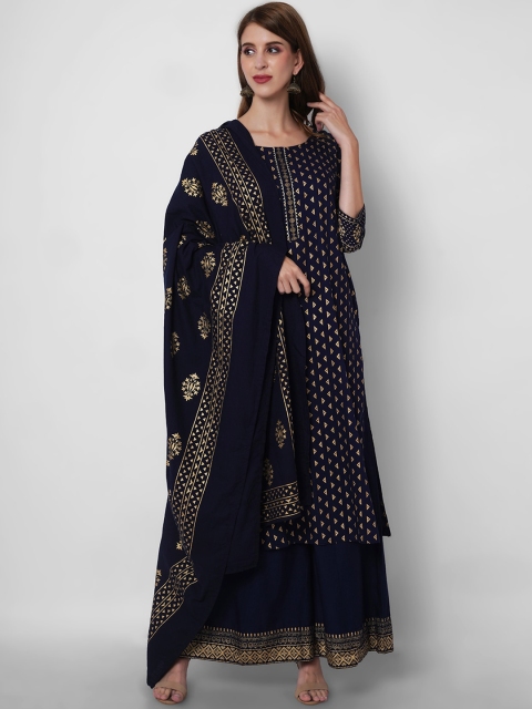 

ORTANGE Women Blue Ethnic Motifs Printed Panelled Gotta Patti Kurta with Sharara & With Dupatta