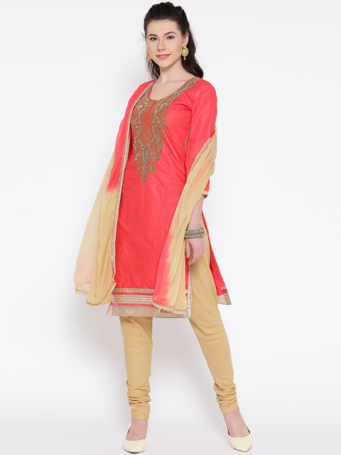 

beezal Coral Red & Beige Cotton Embroidered Unstitched Dress Material