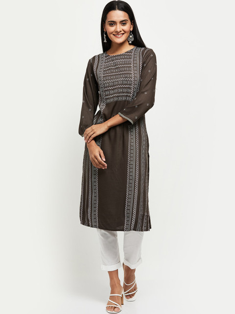 

max Women Grey Geometric Print Thread Work Kurta