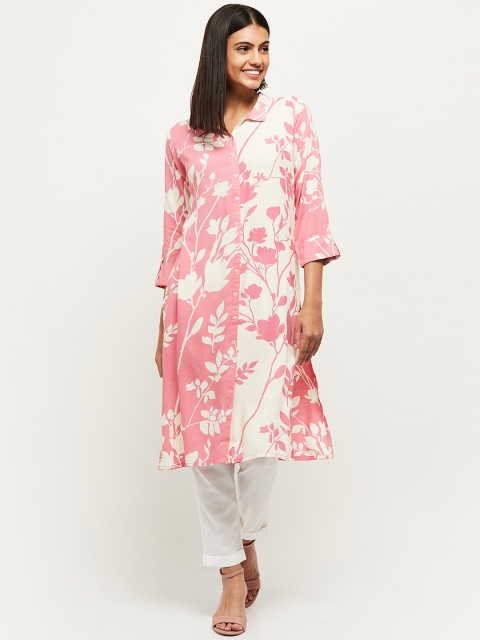 

max Women Pink Floral Printed Shirt Collar Kurta