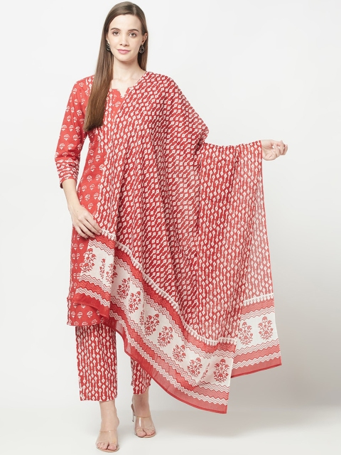

ERISHA Women Red Printed Pure Cotton Kurta with Trousers & With Dupatta