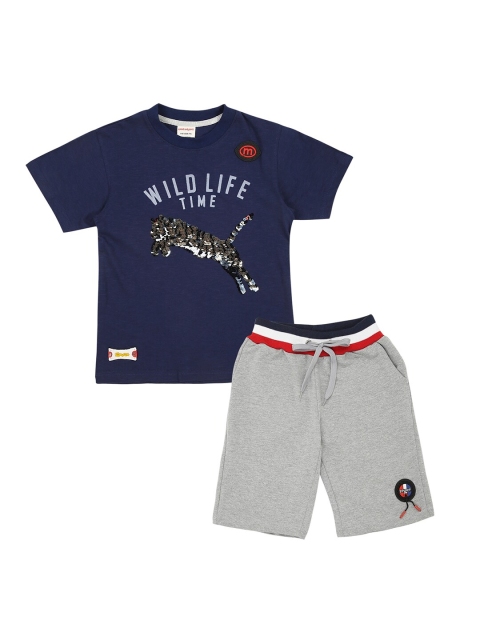

RAINE AND JAINE Boys Navy Blue & Grey Melange Embellished T-shirt with Shorts