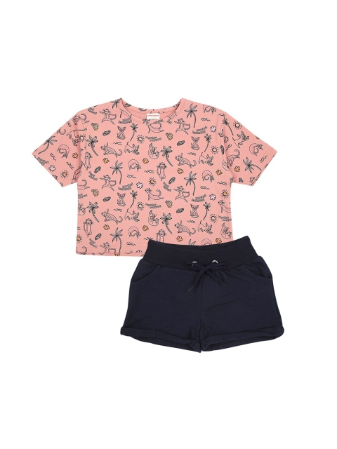 

RAINE AND JAINE Girls Pink & Navy Blue Printed Top with Trousers