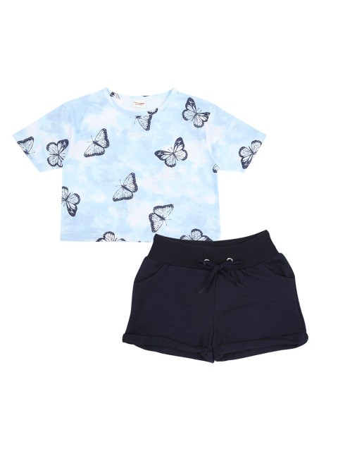 

RAINE AND JAINE Girls Blue & Navy Blue Printed T-shirt with Shorts