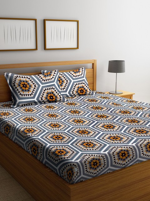 

KLOTTHE Mustard & Grey Geometric 300 TC King Bedsheet with 2 Pillow Covers