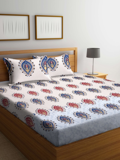 

KLOTTHE White & Blue Ethnic Motifs 300 TC King Bedsheet with 2 Pillow Covers