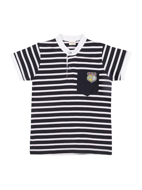

RAINE AND JAINE Boys Navy Blue & White Striped Cotton Mandarin Collar T-shirt