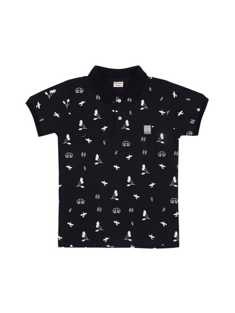 

RAINE AND JAINE Boys Navy Blue Printed Mandarin Collar Applique T-shirt