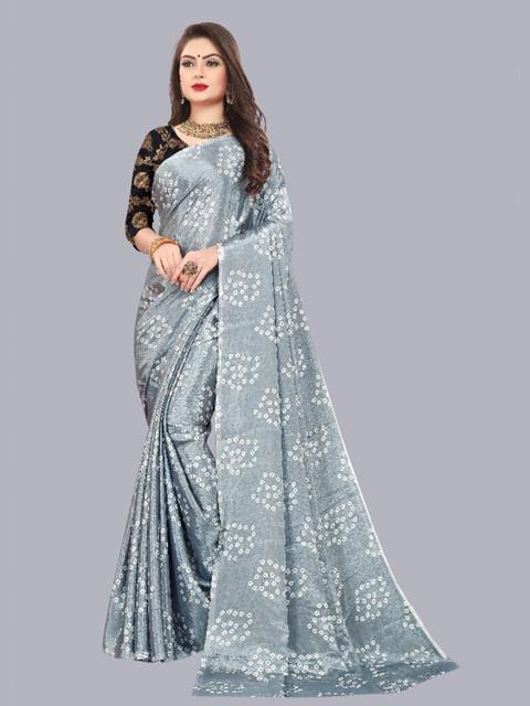 

LAHEJA Grey & White Bandhani Printed Ploy Silk Saree
