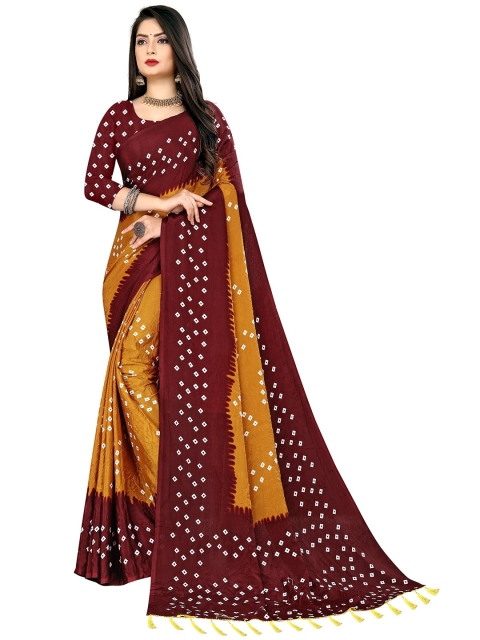 

LAHEJA Brown & Mustard Bandhani Printed Ploy Silk Saree