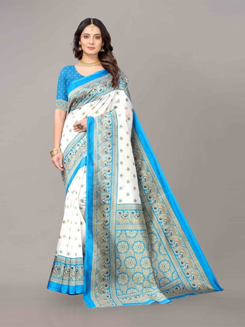 

KALINI Off White & Blue Ethnic Motifs Art Silk Saree