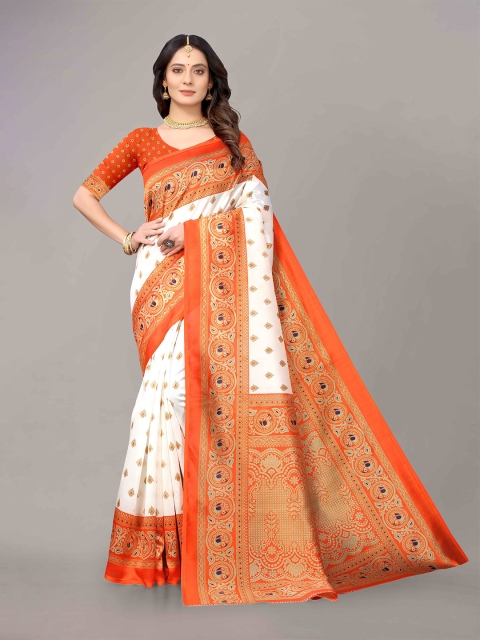 

KALINI Off White & Orange Ethnic Motifs Art Silk Saree