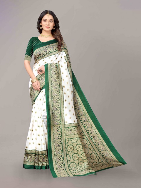 

KALINI Off White & Green Ethnic Motifs Art Silk Saree