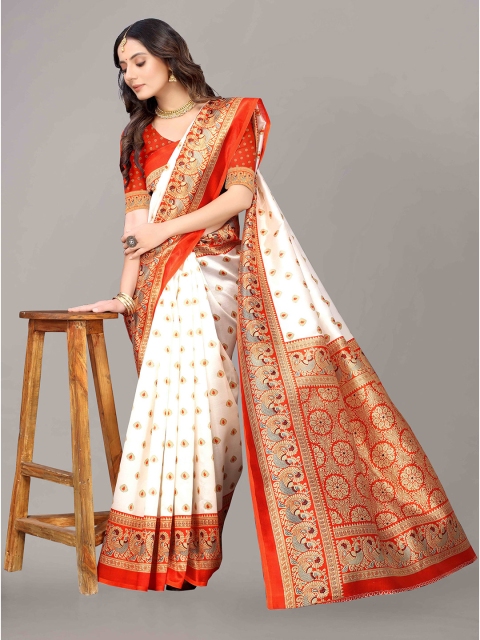 

KALINI Off White & Red Ethnic Motifs Art Silk Saree