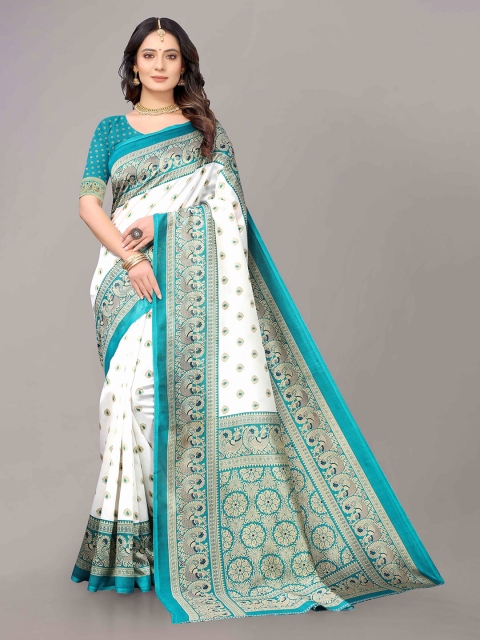 

KALINI Off White & Turquoise Blue Ethnic Motifs Art Silk Saree