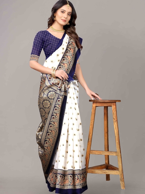 

KALINI Off White & Navy Blue Ethnic Motifs Art Silk Saree