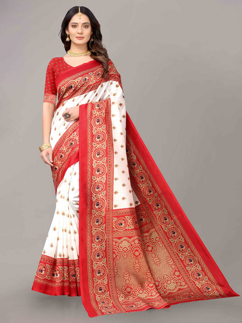 

KALINI Off White & Red Ethnic Motifs Art Silk Saree