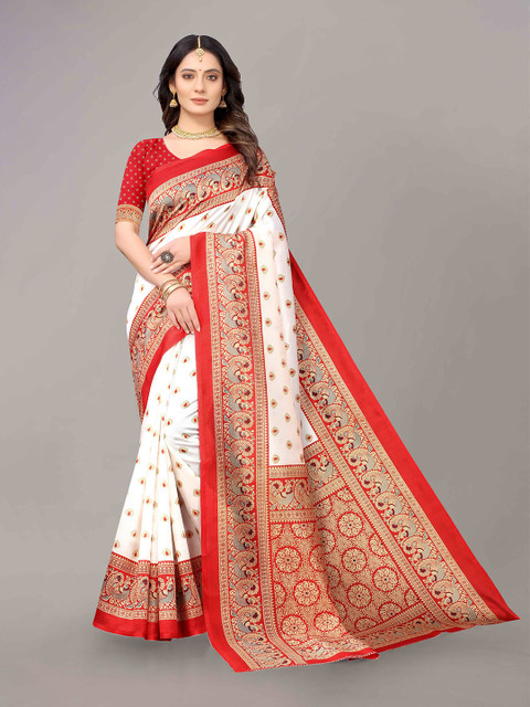 

KALINI Off White & Red Ethnic Motifs Art Silk Saree