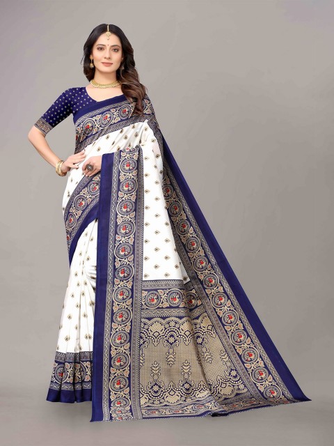 

KALINI Off White & Navy Blue Ethnic Motifs Art Silk Saree